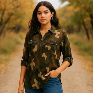 Speed Limit Camo Print 3/4 Sleeve Blouse Size M NWT